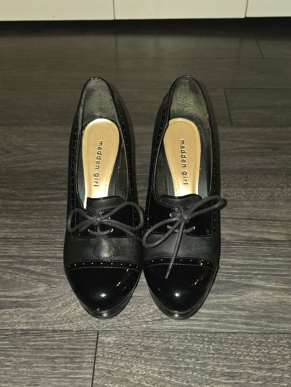 Madden Girl Black Patent Cap-Toe Lace-Up Flats